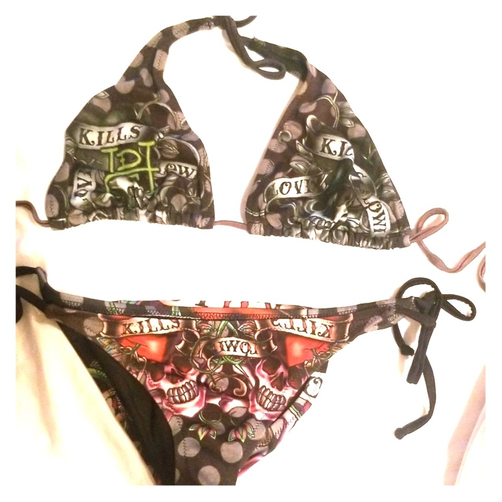 Ed Hardy Love Kills Slow Swimsuit L top S bottoms